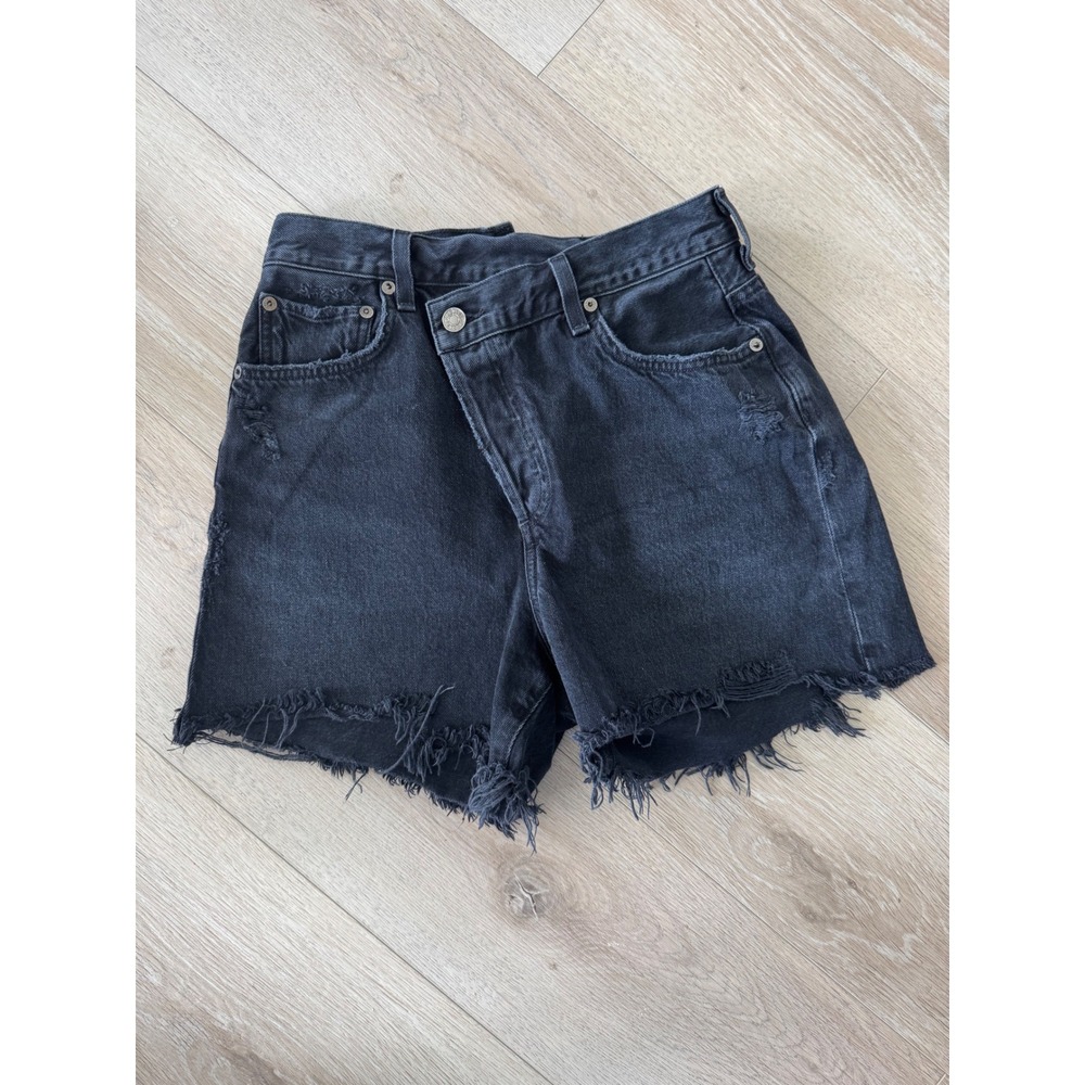 Agolde Criss Cross High Rise Hitc Cotton Denim Shorts Black Raw Hem 26 A9038hhi